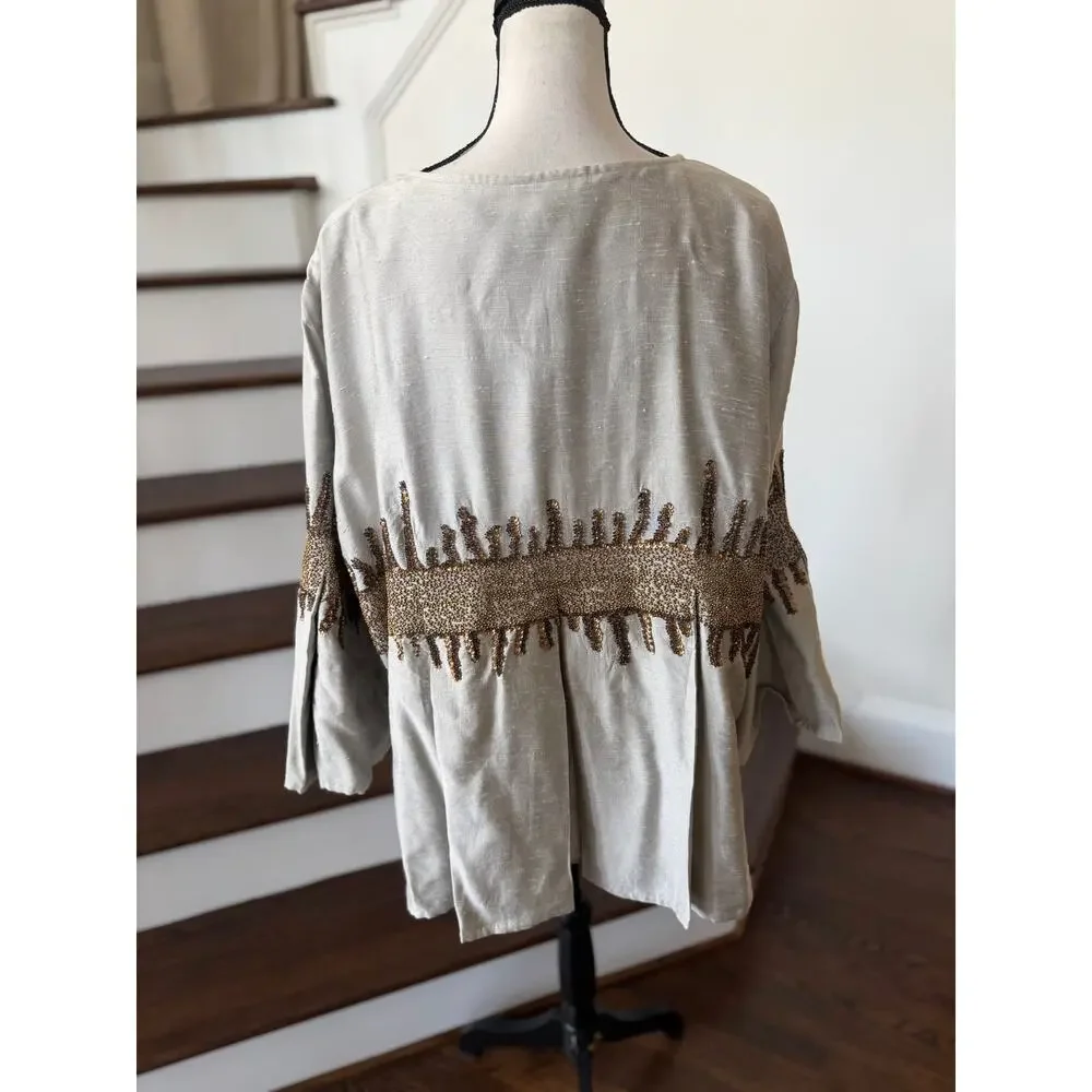 Silver Grey Bronze Beaded Sequin Abstract Boho Lagenlook Flutter Sleeve Jacket
